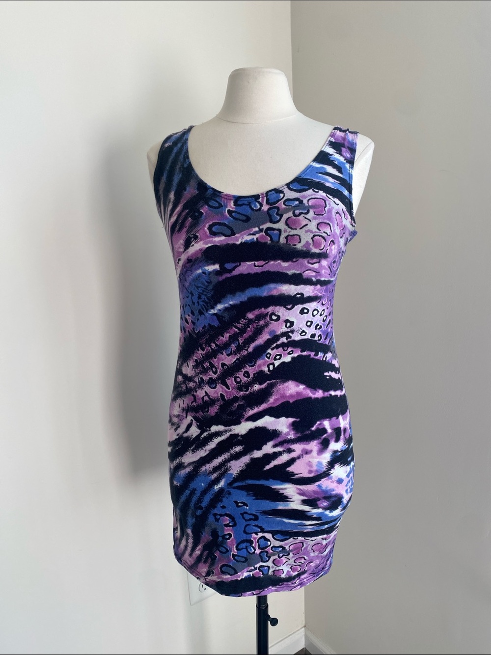 Purple & Blue Animal Print Stretch Tank Dress Womens Sz Large